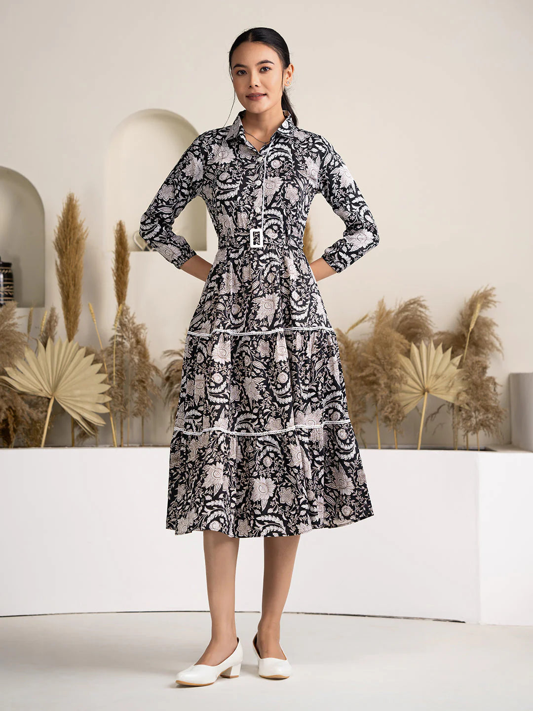 Women's Black Crush Crepe Printed Fit and Flare Western Dress