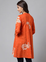 Women's Orange Pure Cotton Floral Printed Flared Tunic