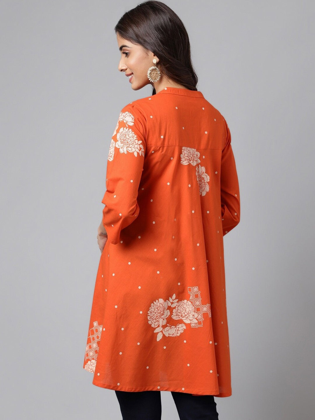 Women's Orange Pure Cotton Floral Printed Flared Tunic