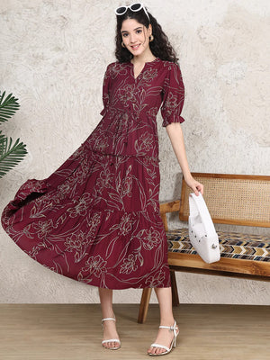 Maroon Colour Floral Printed Premium Cotton Dress For Women