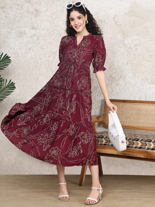 Maroon Colour Floral Printed Premium Cotton Dress For Women