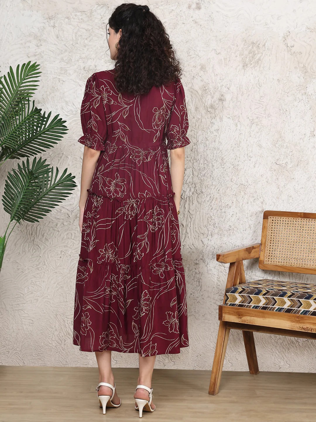Maroon Colour Floral Printed Premium Cotton Dress For Women