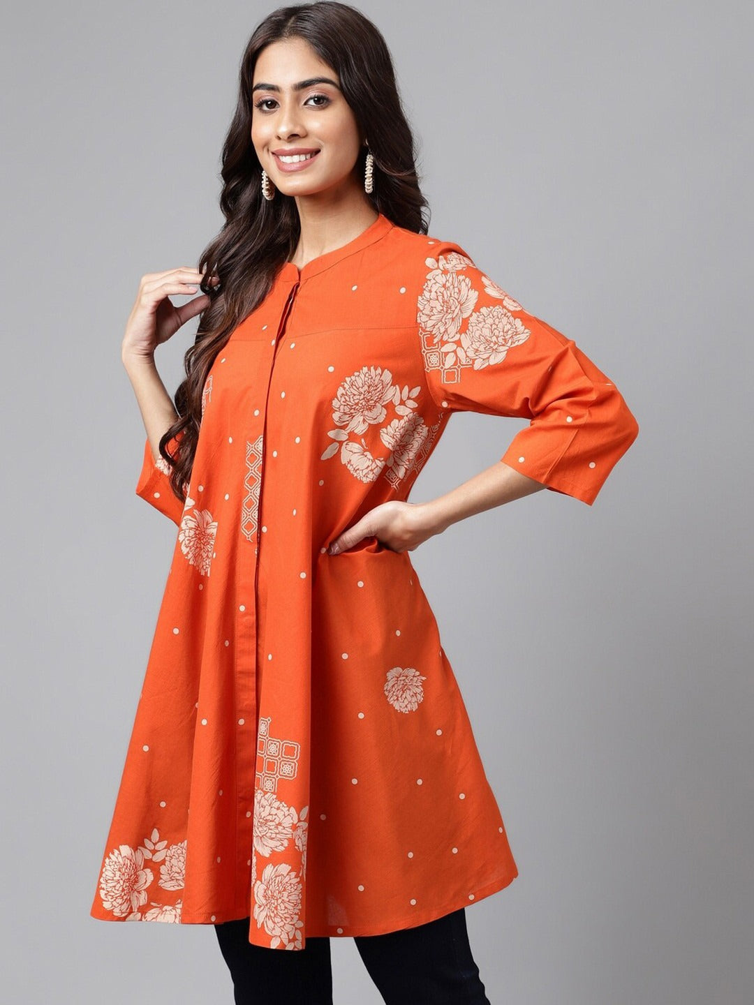 Women's Orange Pure Cotton Floral Printed Flared Tunic