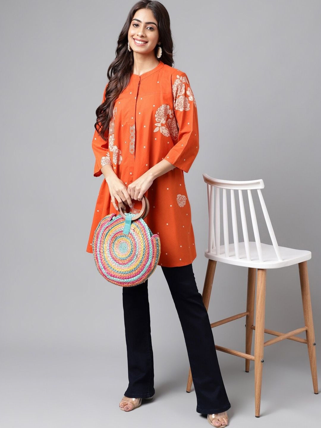 Women's Orange Pure Cotton Floral Printed Flared Tunic