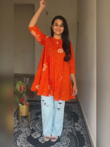 Women's Orange Pure Cotton Floral Printed Flared Tunic
