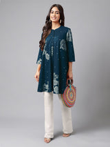 Women's Teal Blue Pure Cotton Floral Printed Flared Tunic