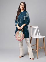Women's Teal Blue Pure Cotton Floral Printed Flared Tunic